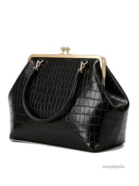 Faux Leather Crocodile Embossed Kiss Lock Shoulder Bag Large Tote